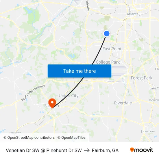 Venetian Dr SW @ Pinehurst Dr SW to Fairburn, GA map