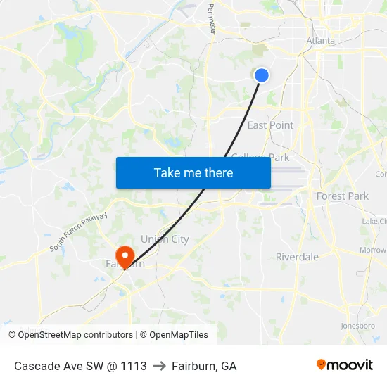 Cascade Ave SW @ 1113 to Fairburn, GA map