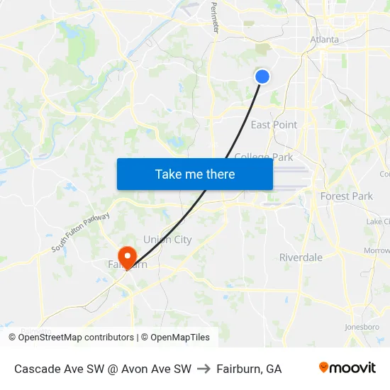 Cascade Ave SW @ Avon Ave SW to Fairburn, GA map
