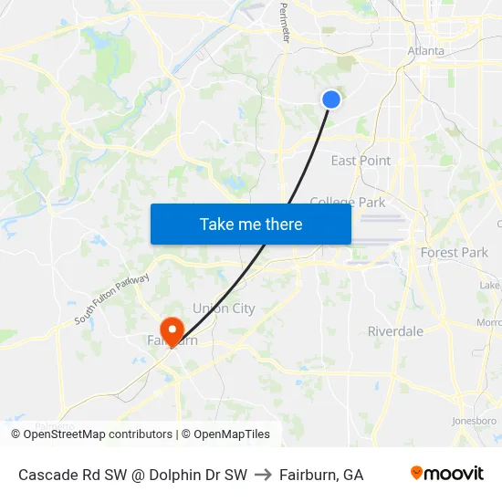 Cascade Rd SW @ Dolphin Dr SW to Fairburn, GA map