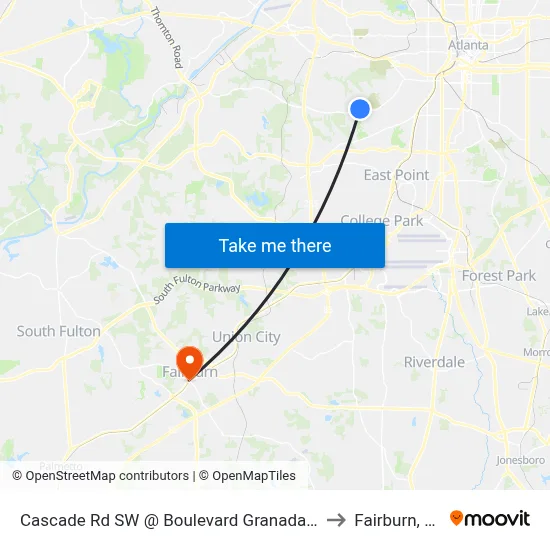 Cascade Rd SW @ Boulevard Granada SW to Fairburn, GA map