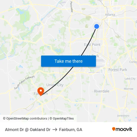 Almont Dr @ Oakland Dr to Fairburn, GA map