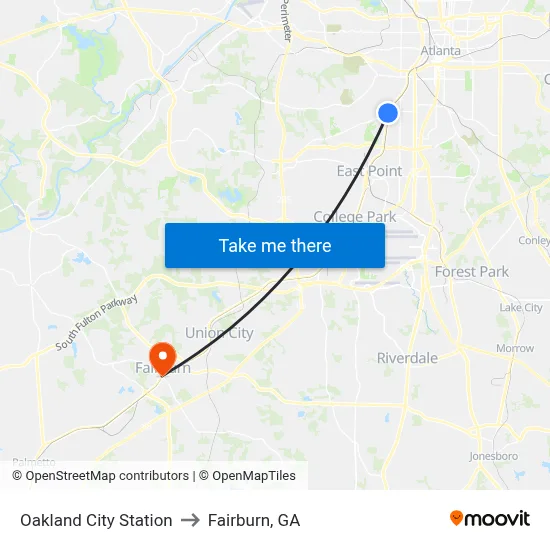 Oakland City Station to Fairburn, GA map