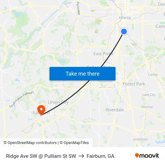 Ridge Ave SW @ Pulliam St SW to Fairburn, GA map