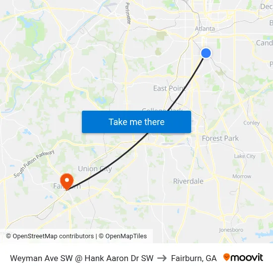 Weyman Ave SW @ Hank Aaron Dr SW to Fairburn, GA map
