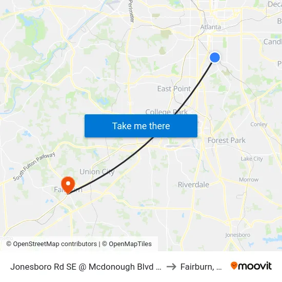 Jonesboro Rd SE @ Mcdonough Blvd SE to Fairburn, GA map