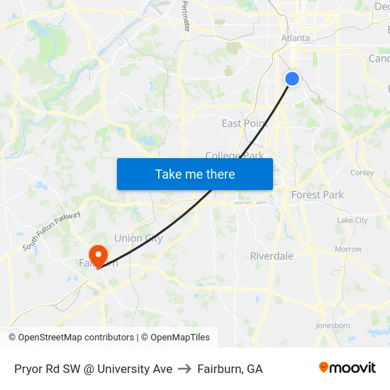Pryor Rd SW @ University Ave to Fairburn, GA map
