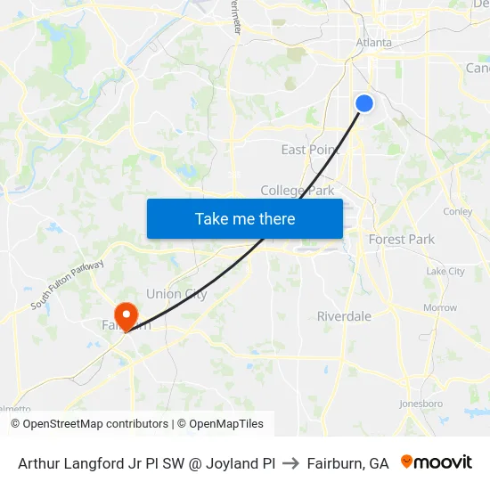 Arthur Langford Jr Pl SW @ Joyland Pl to Fairburn, GA map