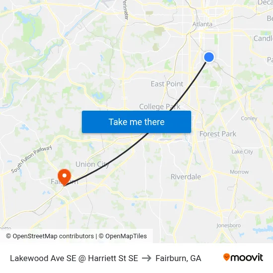 Lakewood Ave SE @ Harriett St SE to Fairburn, GA map