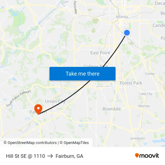 Hill St SE @ 1110 to Fairburn, GA map