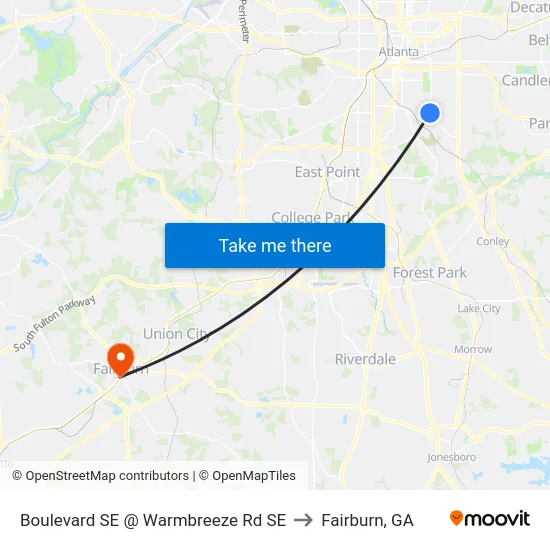 Boulevard SE @ Warmbreeze Rd SE to Fairburn, GA map
