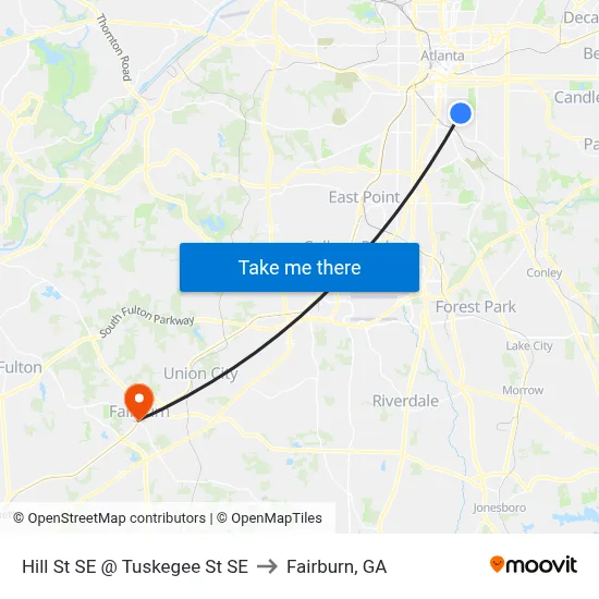 Hill St SE @ Tuskegee St SE to Fairburn, GA map