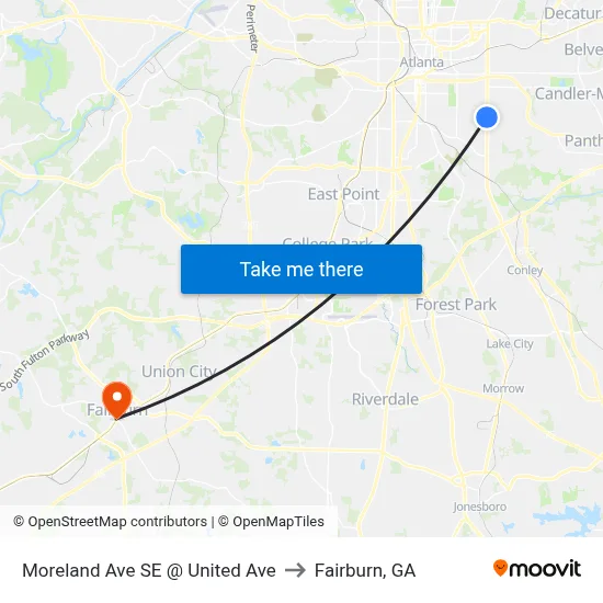 Moreland Ave SE @ United Ave to Fairburn, GA map