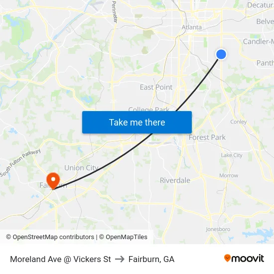 Moreland Ave @ Vickers St to Fairburn, GA map