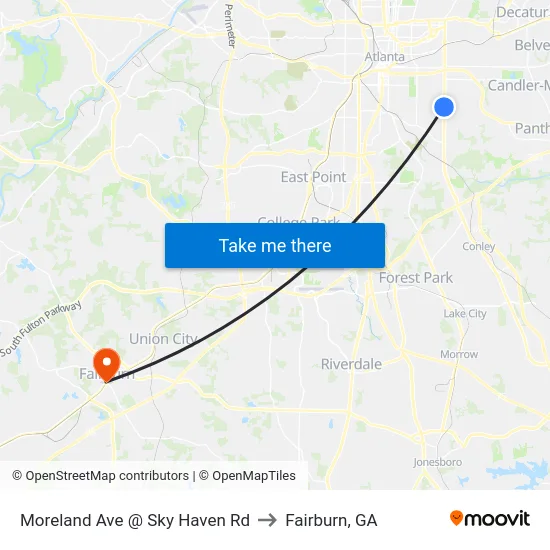 Moreland Ave @ Sky Haven Rd to Fairburn, GA map