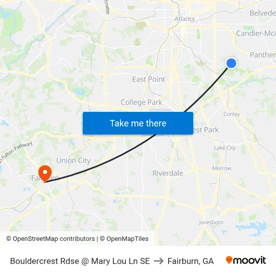 Bouldercrest Rdse @ Mary Lou Ln SE to Fairburn, GA map