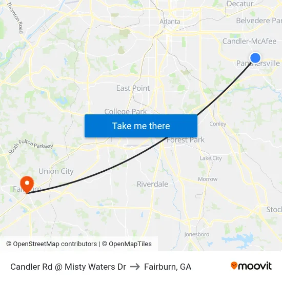 Candler Rd @ Misty Waters Dr to Fairburn, GA map