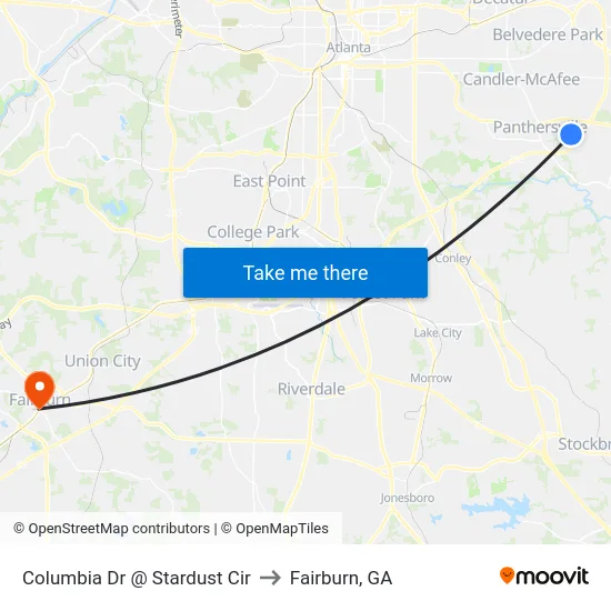Columbia Dr @ Stardust Cir to Fairburn, GA map