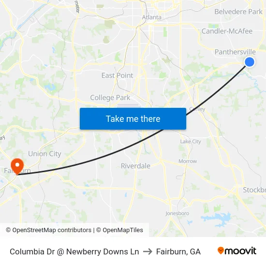 Columbia Dr @ Newberry Downs Ln to Fairburn, GA map