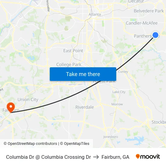 Columbia Dr @ Columbia Crossing Dr to Fairburn, GA map