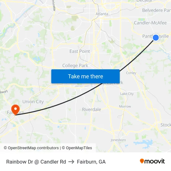 Rainbow Dr @ Candler Rd to Fairburn, GA map