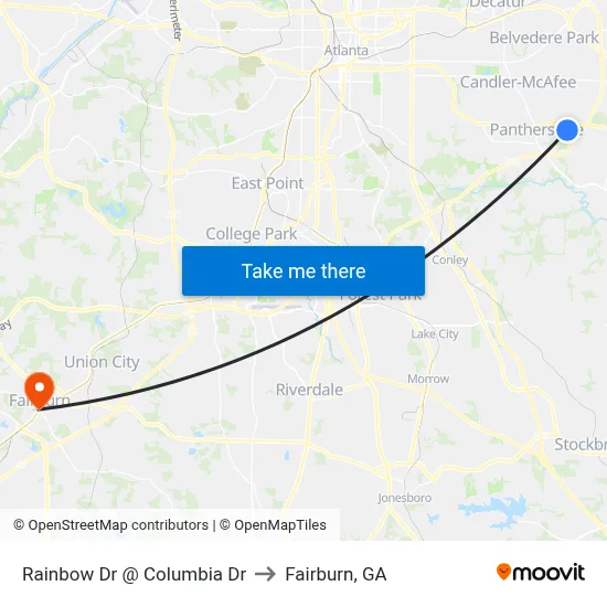 Rainbow Dr @ Columbia Dr to Fairburn, GA map