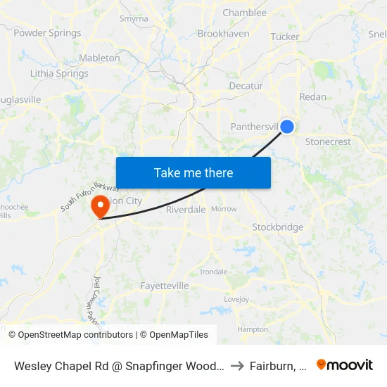Wesley Chapel Rd @ Snapfinger Woods Dr to Fairburn, GA map