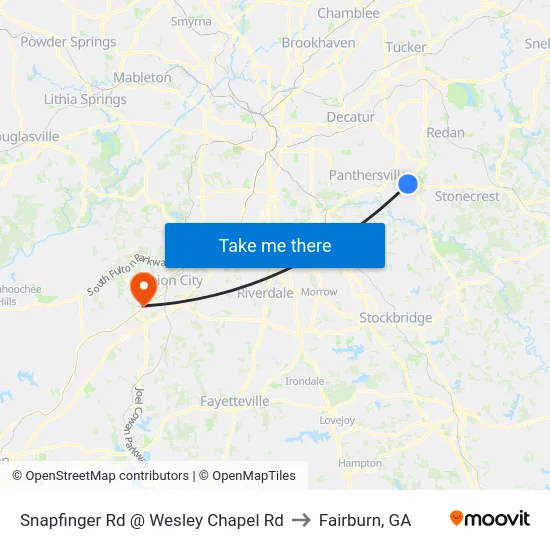 Snapfinger Rd @ Wesley Chapel Rd to Fairburn, GA map