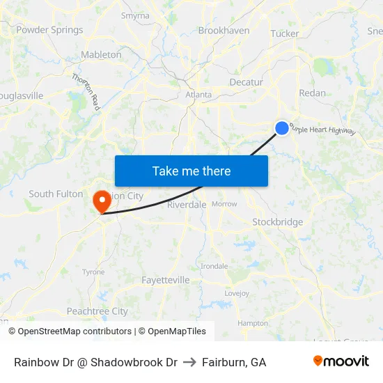 Rainbow Dr @ Shadowbrook Dr to Fairburn, GA map
