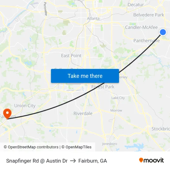 Snapfinger Rd @ Austin Dr to Fairburn, GA map