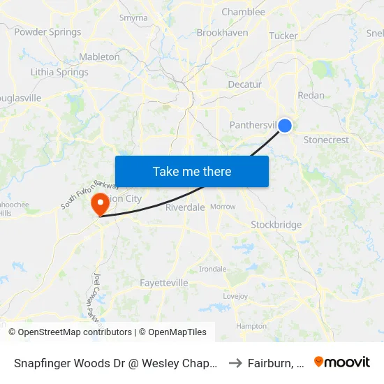 Snapfinger Woods Dr @ Wesley Chapel Rd to Fairburn, GA map