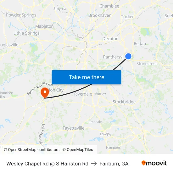 Wesley Chapel Rd @ S Hairston Rd to Fairburn, GA map