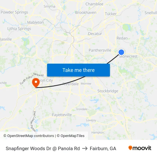 Snapfinger Woods Dr @ Panola Rd to Fairburn, GA map