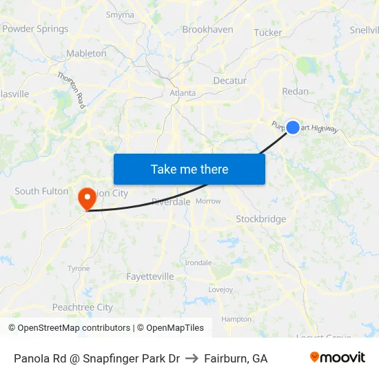 Panola Rd @ Snapfinger Park Dr to Fairburn, GA map
