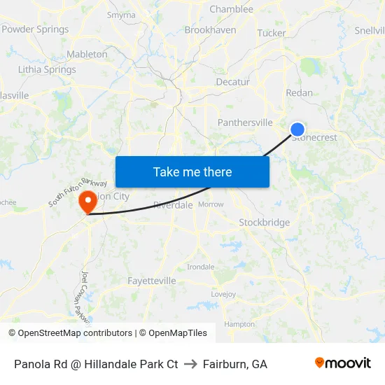 Panola Rd @ Hillandale Park Ct to Fairburn, GA map