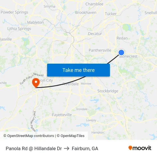 Panola Rd @ Hillandale Dr to Fairburn, GA map