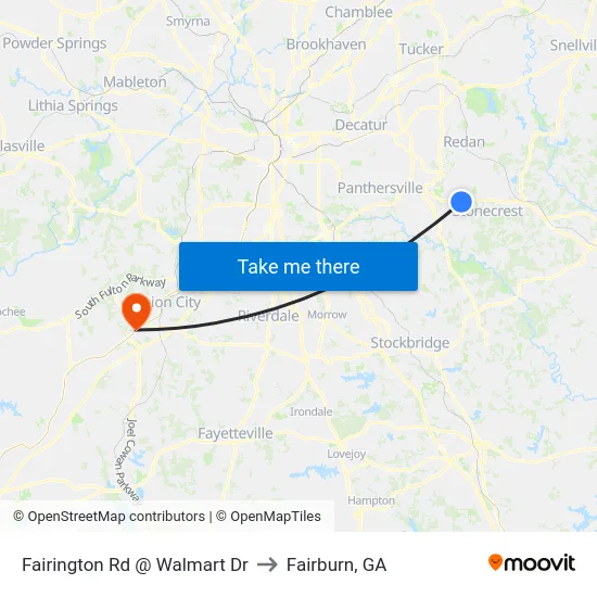 Fairington Rd @ Walmart Dr to Fairburn, GA map