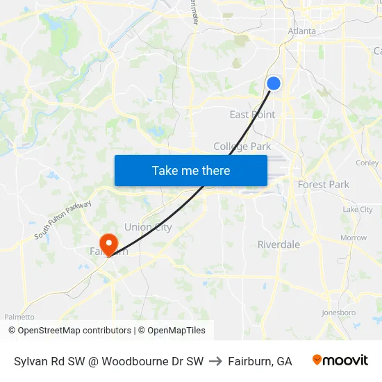 Sylvan Rd SW @ Woodbourne Dr SW to Fairburn, GA map