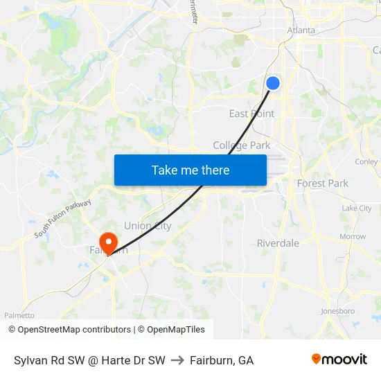 Sylvan Rd SW @ Harte Dr SW to Fairburn, GA map