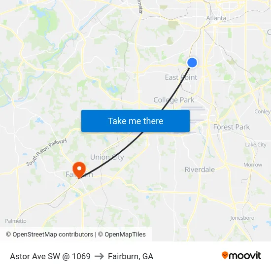 Astor Ave SW @ 1069 to Fairburn, GA map