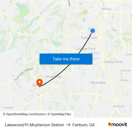Lakewood/Ft Mcpherson Station to Fairburn, GA map