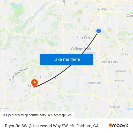 Pryor Rd SW @ Lakewood Way SW to Fairburn, GA map
