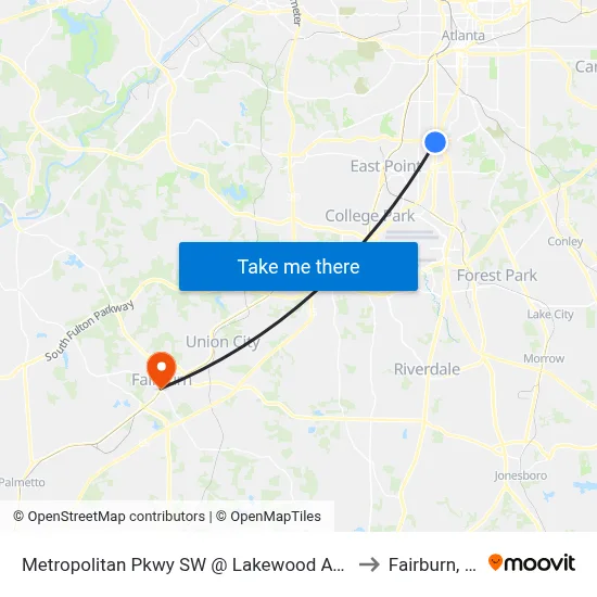 Metropolitan Pkwy SW @ Lakewood Ave SW to Fairburn, GA map