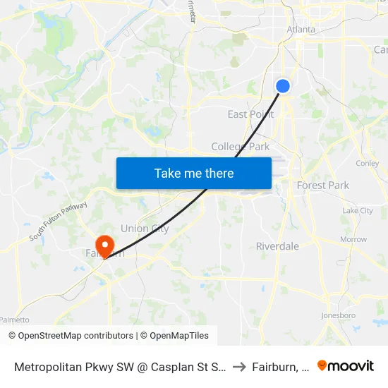 Metropolitan Pkwy SW @ Casplan St SW (S) to Fairburn, GA map