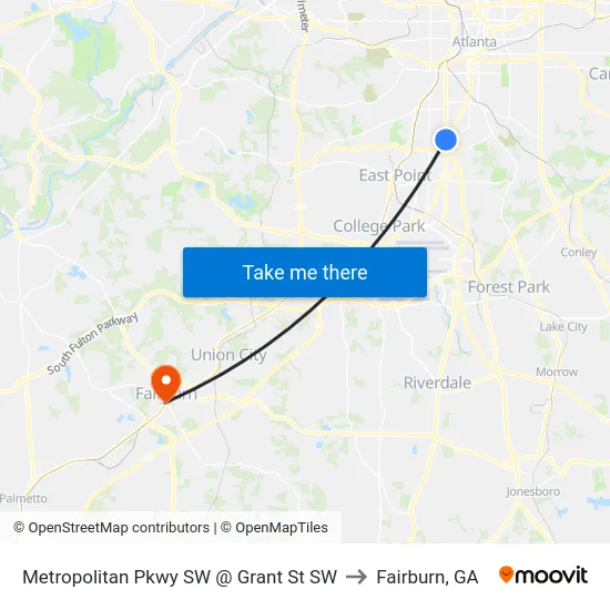 Metropolitan Pkwy SW @ Grant St SW to Fairburn, GA map