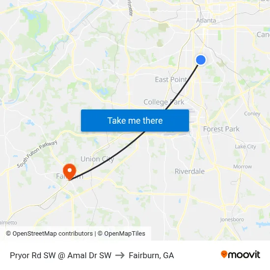Pryor Rd SW @ Amal Dr SW to Fairburn, GA map