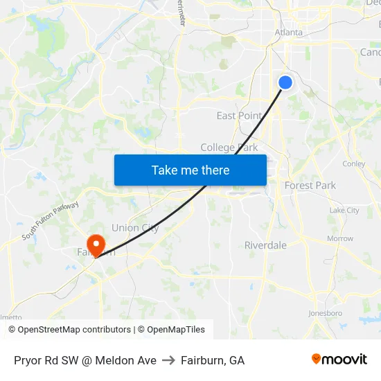 Pryor Rd SW @ Meldon Ave to Fairburn, GA map
