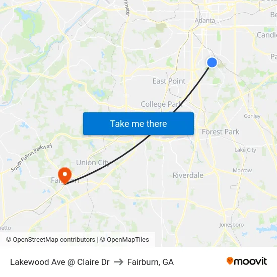 Lakewood Ave @ Claire Dr to Fairburn, GA map