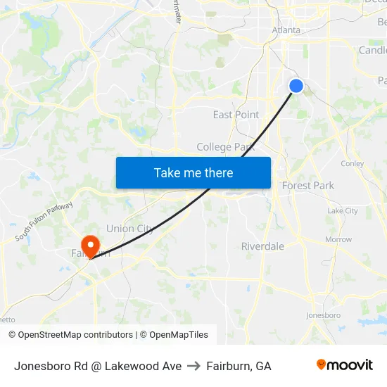 Jonesboro Rd @ Lakewood Ave to Fairburn, GA map