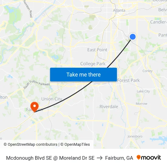 Mcdonough Blvd SE @ Moreland Dr SE to Fairburn, GA map